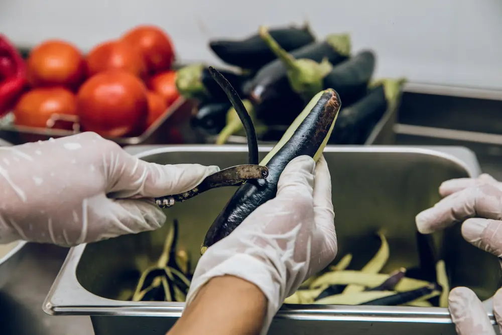 Commis épluchant une aubergine en cuisine professionnelle, épluchures dans un bac inox